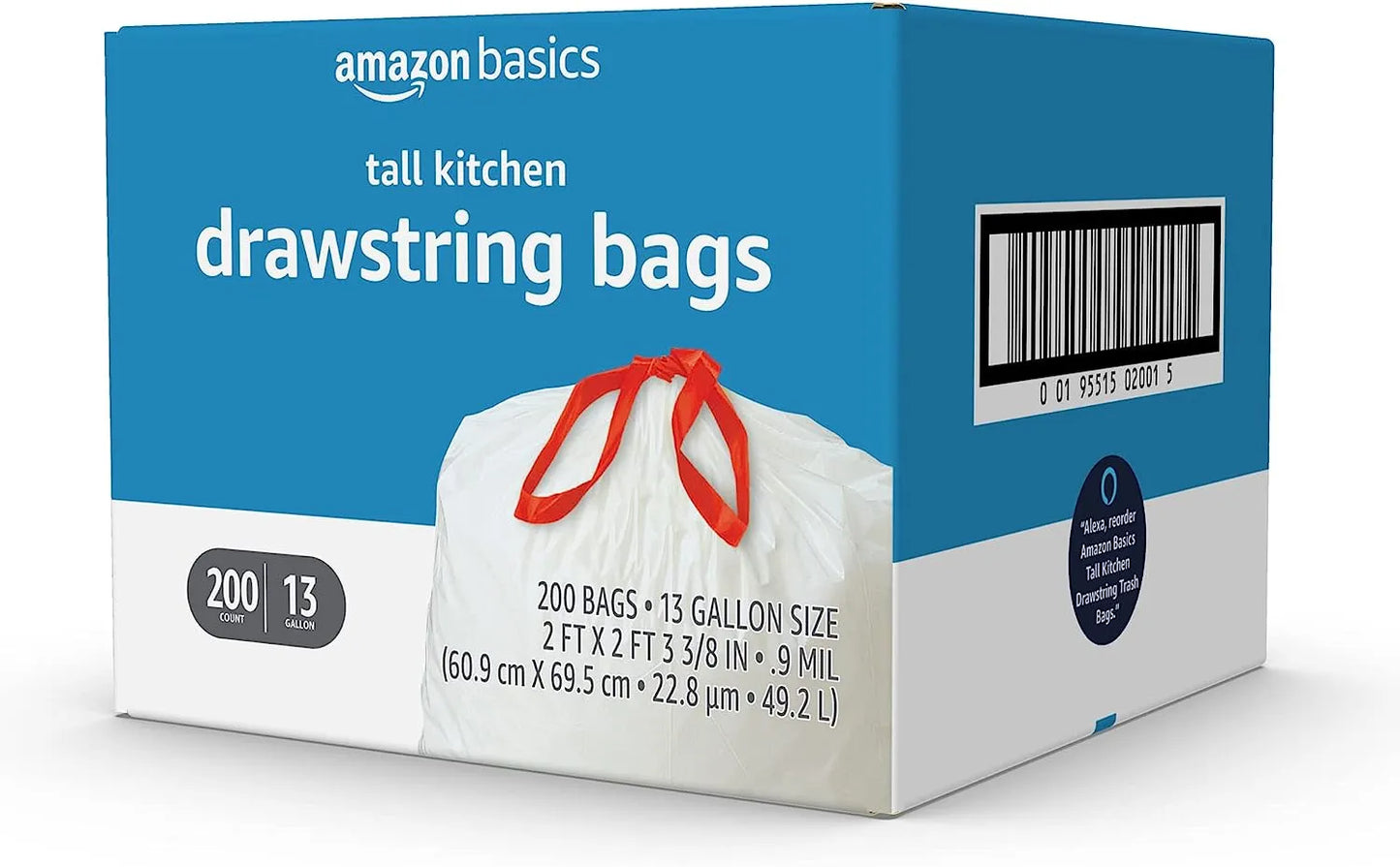 Amazon Basics Tall Kitchen Drawstring Trash Bags, 13 Gallon, Unscented, 120 Count (Previously Solimo)