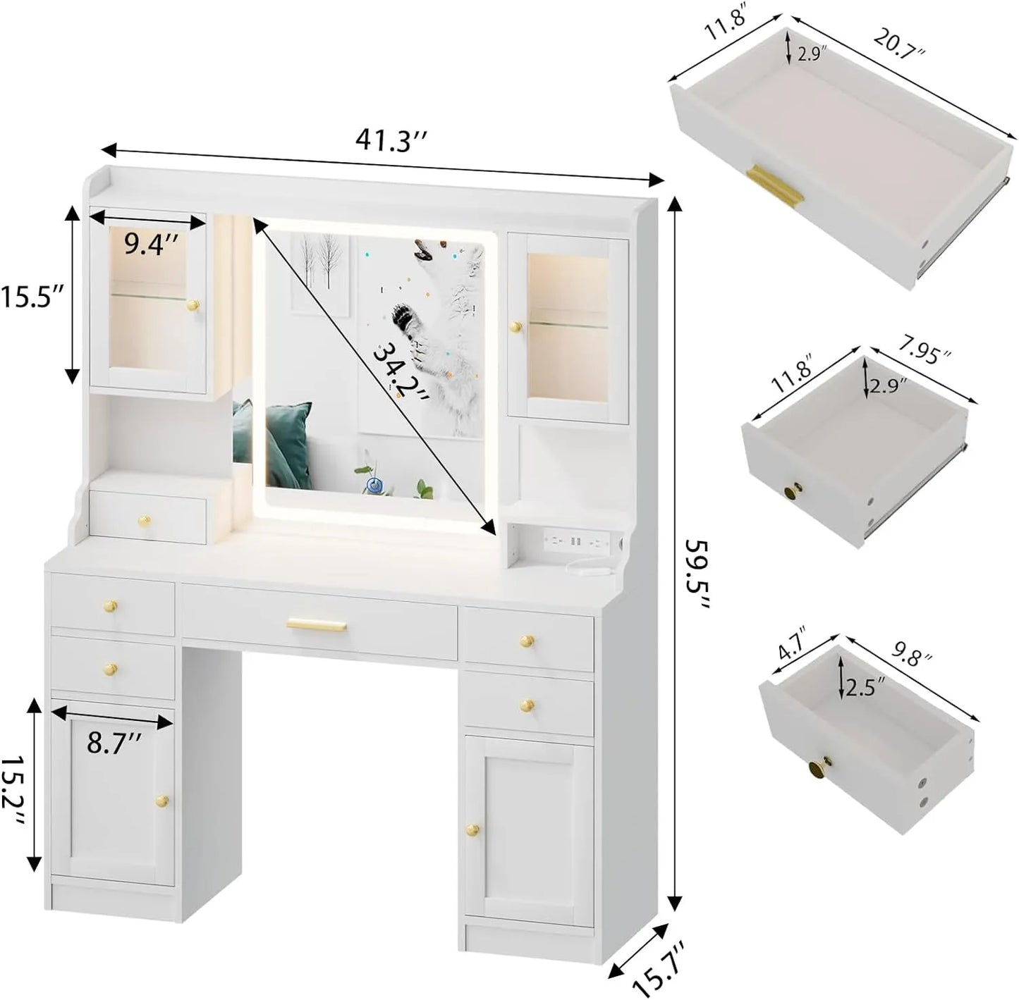 Dnxao Large Make up Vanity Desk with Mirror and Lights,3 Lights Mode and Brightness Adjusted by Touch Button, Built-in Power Strip and 6 Drawers,4 cabinets,2 cabinets with RGB Lights