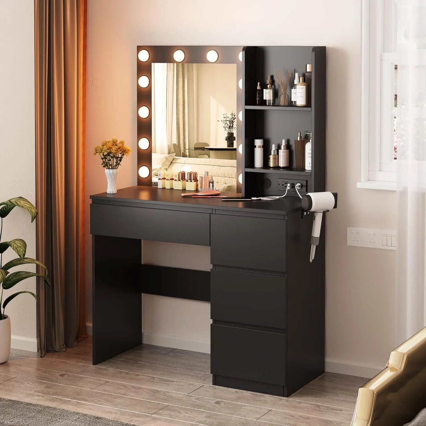 Vabches Makeup Vanity with Lights, 37inch Vanity Desk with Power Strip, 4 Drawers Makeup Table with Lighted Mirror, 3 Lighting Colors, White