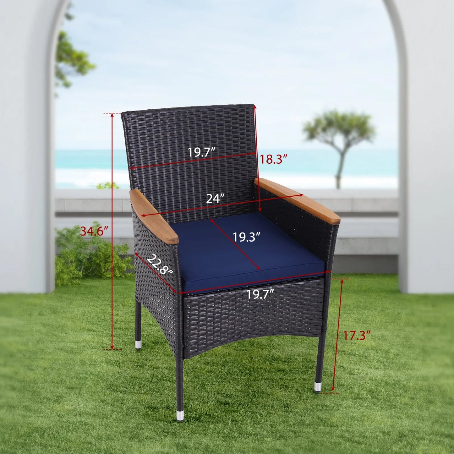 6 Piece Outdoor Dining Set with Acacia Wood Table & Wooden Bench and 4 Cushioned Rattan Wicker Chairs